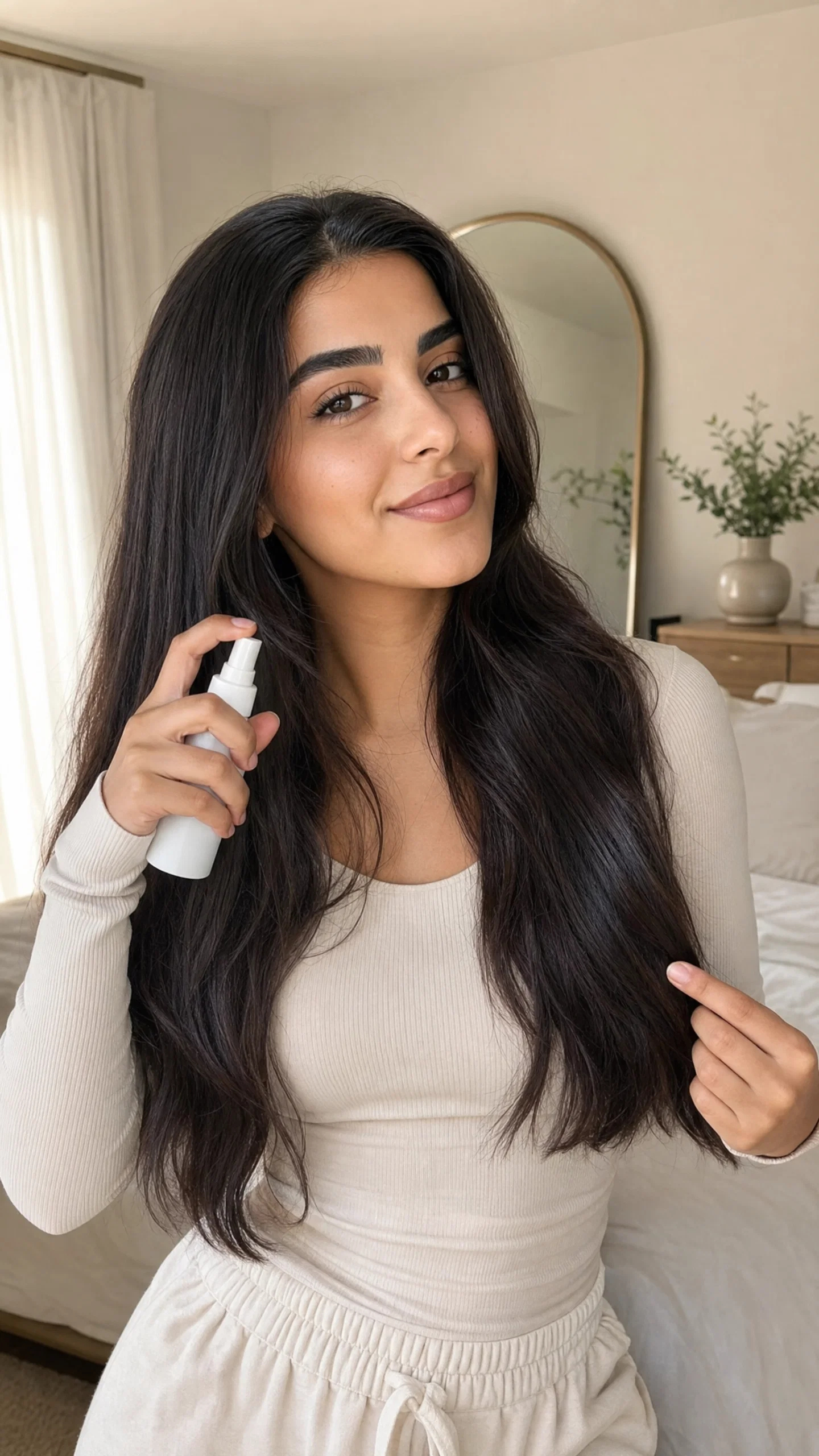 Middle Eastern beauty influencer holding leave-in spray during haircare routine in airy bedroom