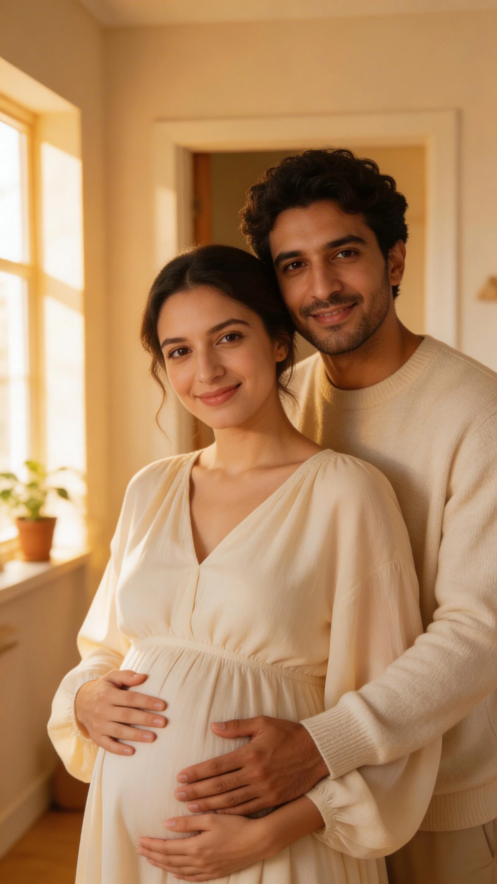 Middle Eastern couple at home with hands together on pregnant belly