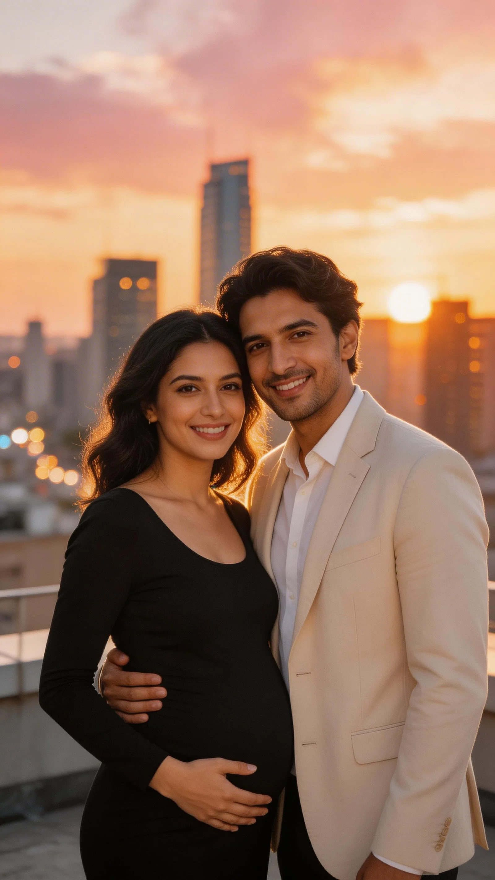 Middle Eastern couple rooftop maternity portrait at sunset with city skyline