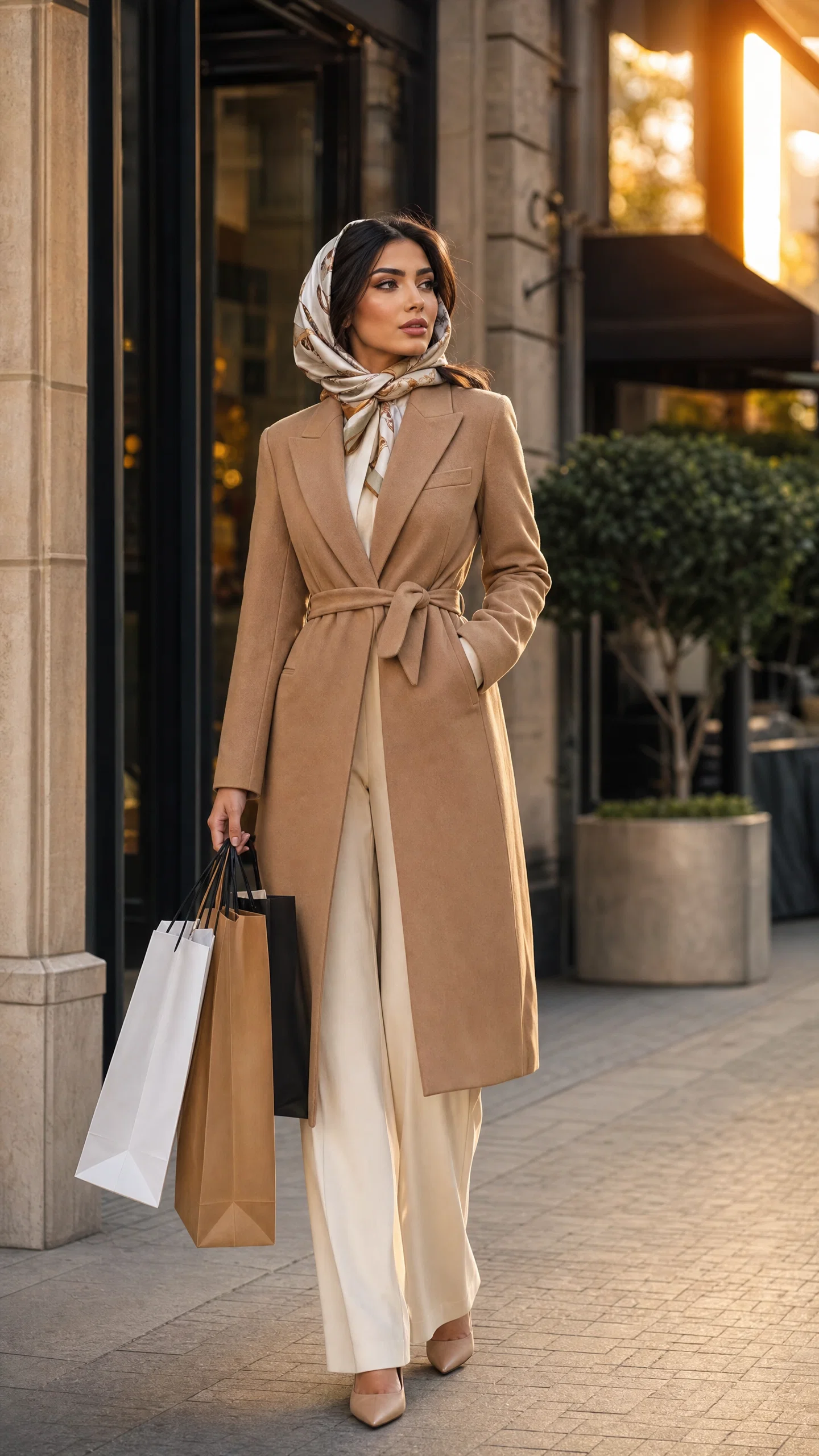 Middle Eastern fashion influencer outside boutique with shopping bags at golden hour