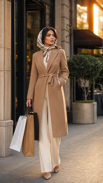 Middle Eastern fashion influencer outside boutique with shopping bags at golden hour
