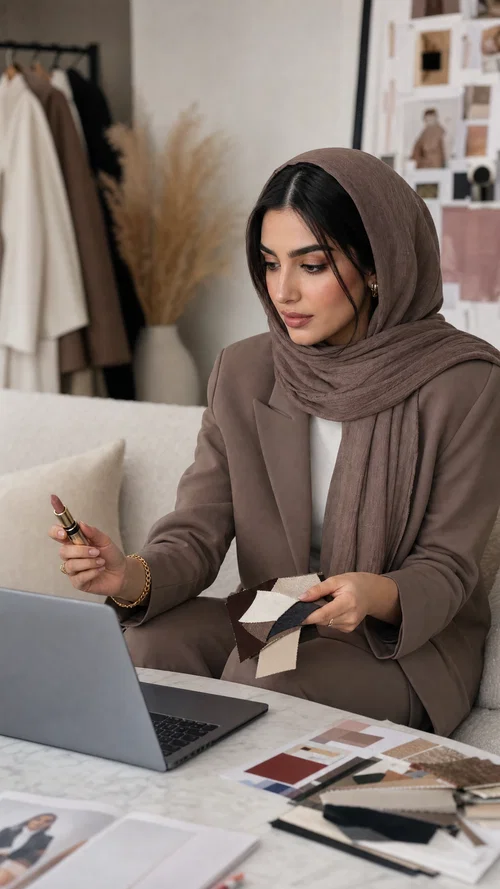 Middle Eastern fashion influencer reviewing brand brief with fabric swatches and lipstick at creator workspace