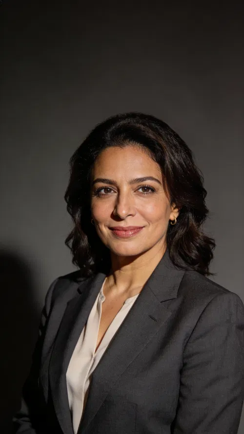 Middle Eastern female attorney studio headshot with authoritative expression and clean lighting