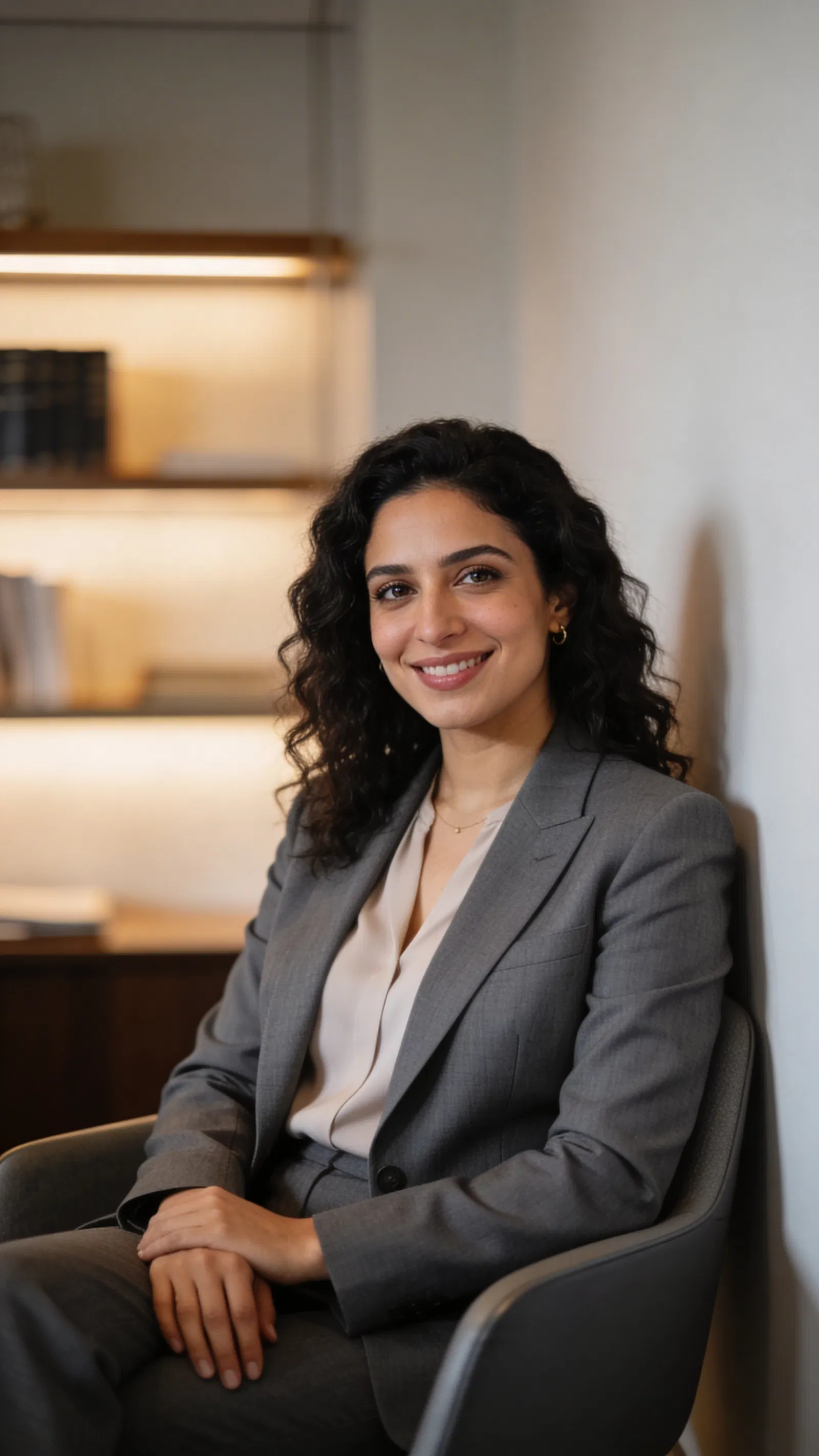 Middle Eastern female lawyer half-body portrait seated in office corner, confident smile