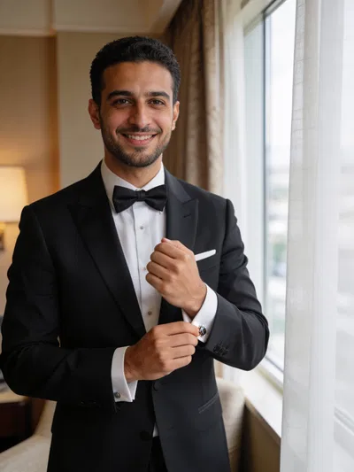 Middle Eastern groom adjusting cufflinks in hotel suite portrait