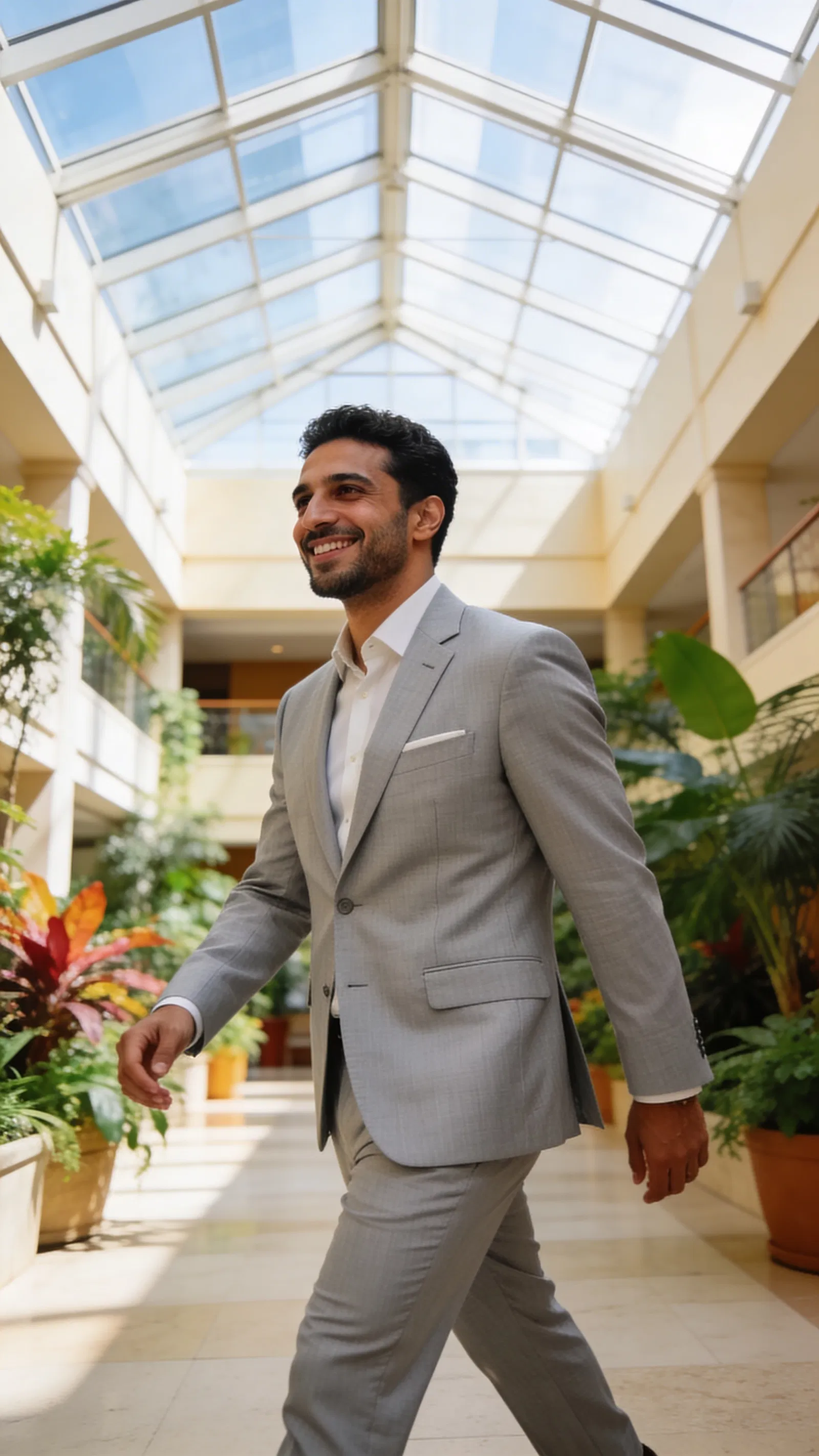 Middle Eastern groom in light gray suit walking through plant-filled atrium