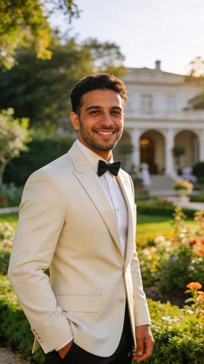 Middle Eastern groom in light tux jacket standing in sunlit garden