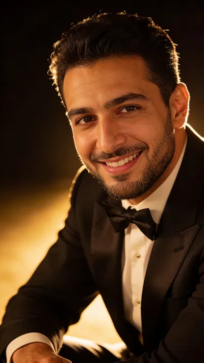 Middle Eastern groom in tux leaning forward in cinematic studio portrait