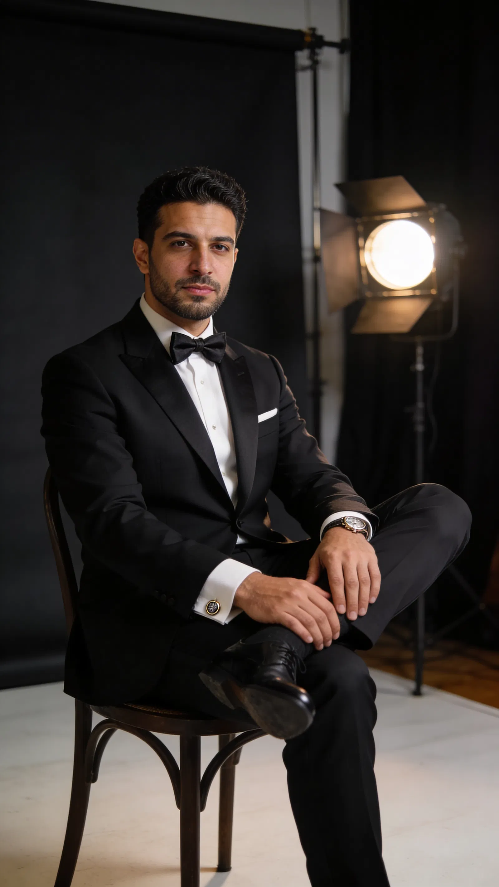 Middle Eastern groom seated studio portrait in tux with cinematic lighting