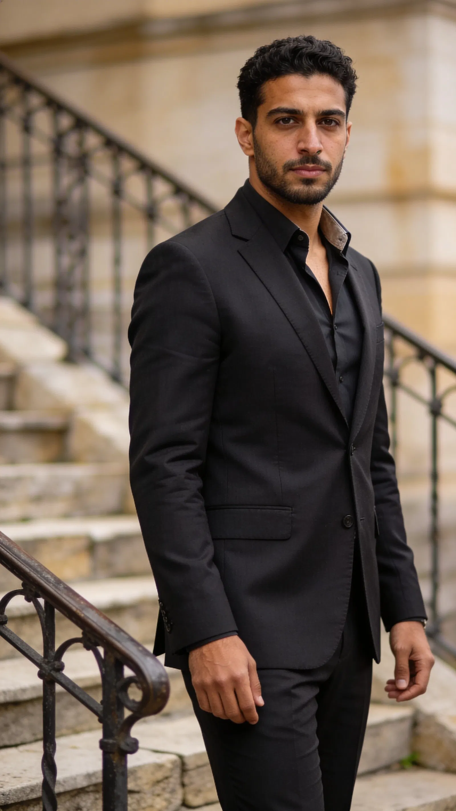Middle Eastern male attorney half-body portrait outdoors on stone steps, direct eye contact