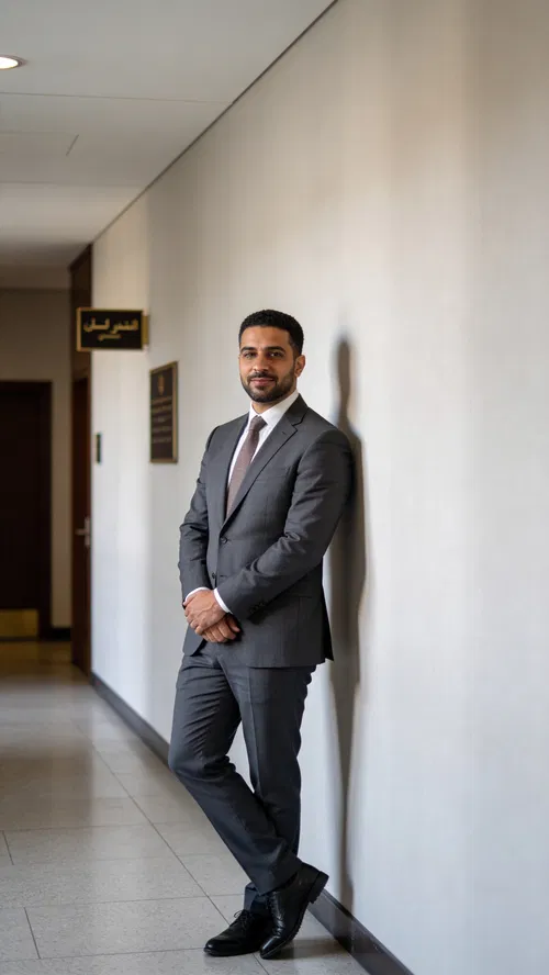 Middle Eastern male attorney three-quarter portrait in neutral hallway, confident expression