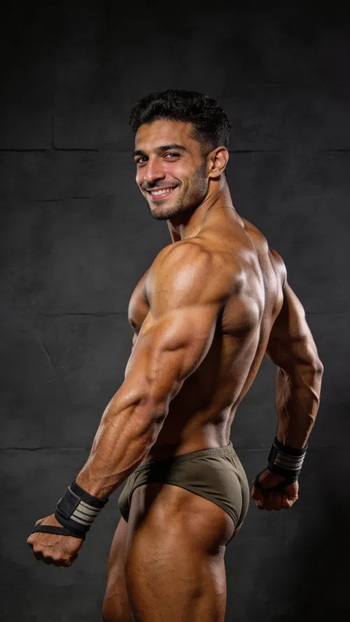 Middle Eastern male bodybuilder 3/4 body side triceps studio pose with rim lighting