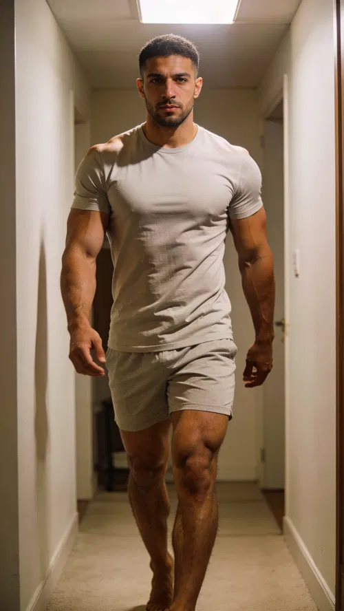 Middle Eastern male bodybuilder full-body walking portrait in minimalist hallway with clean lighting