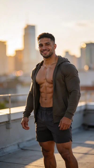 Middle Eastern male bodybuilder rooftop 3/4 body portrait with natural lighting