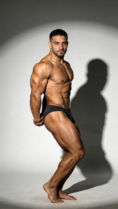 Middle Eastern male bodybuilder side triceps pose, full-body studio physique photo