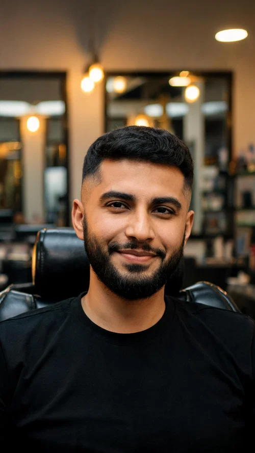Middle Eastern man after haircut in barbershop, grooming-based looksmaxxing portrait