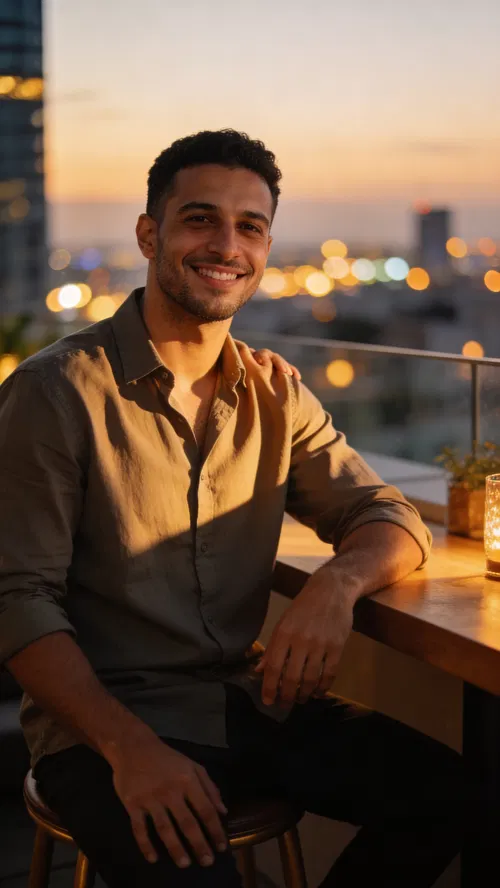 Middle Eastern man at rooftop lounge, confident half-body dating profile photo.