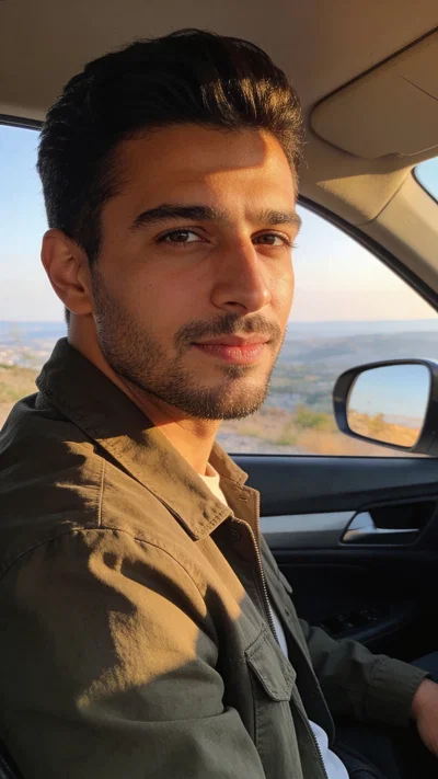 Middle Eastern man candid car portrait, natural Instagram-ready content photo