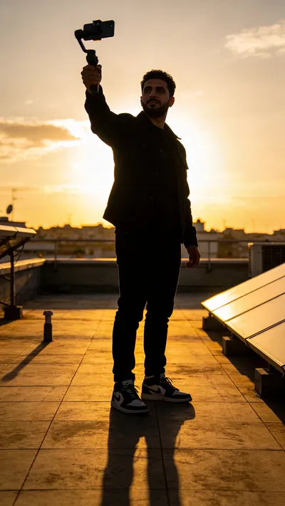 Middle Eastern man filming a rooftop sunset Reel with a phone gimbal