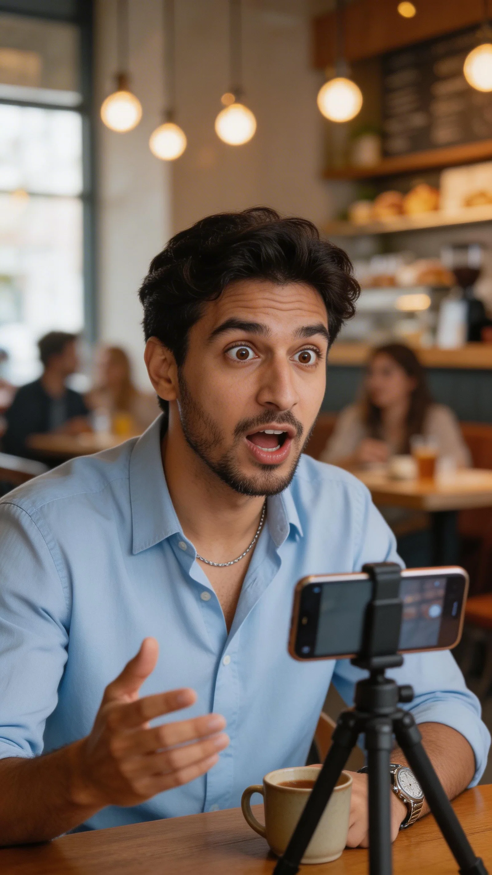Middle Eastern man filming hot-take TikTok in café with tabletop tripod