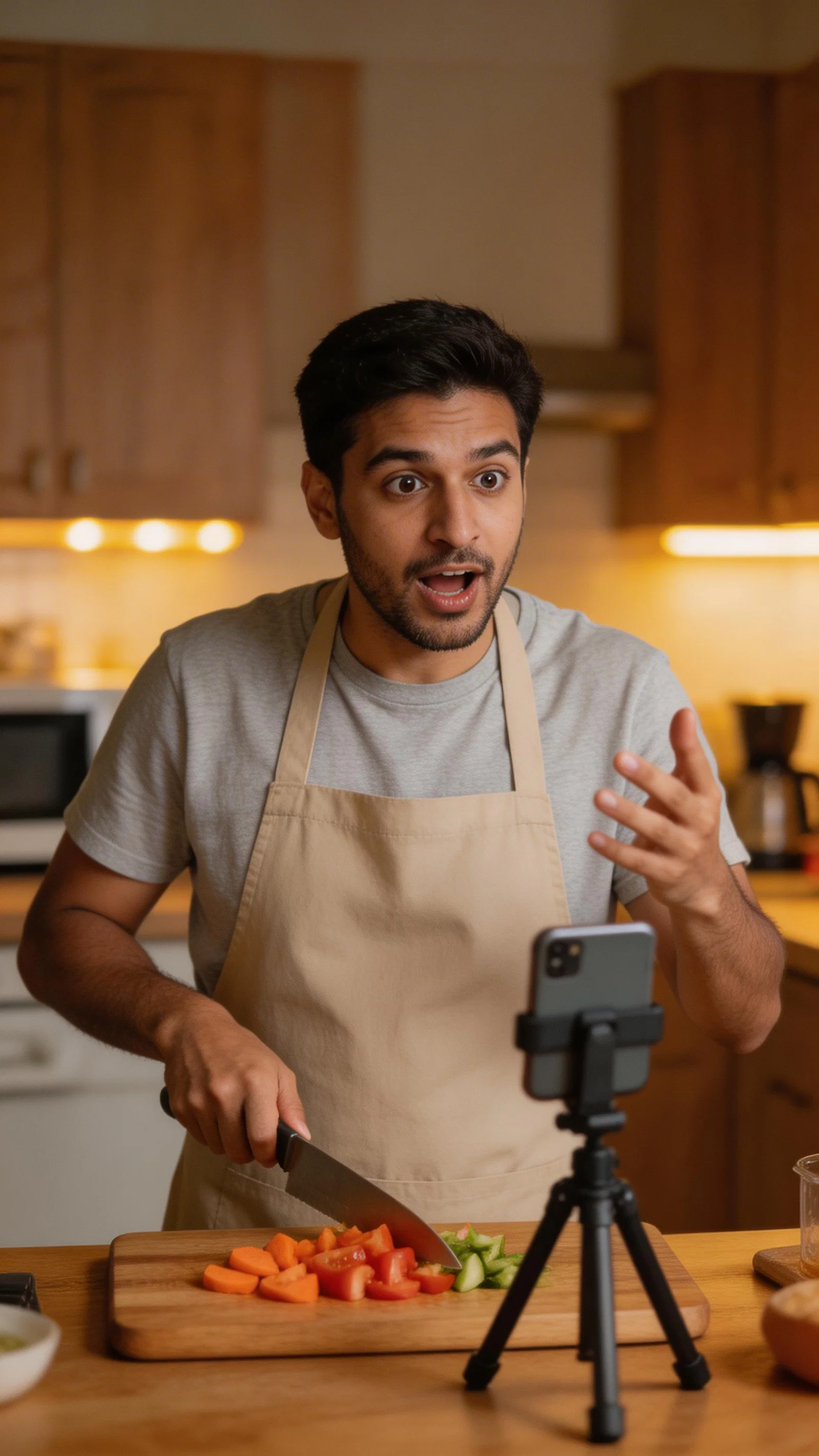 Middle Eastern man filming kitchen hot take while cooking with phone on tripod