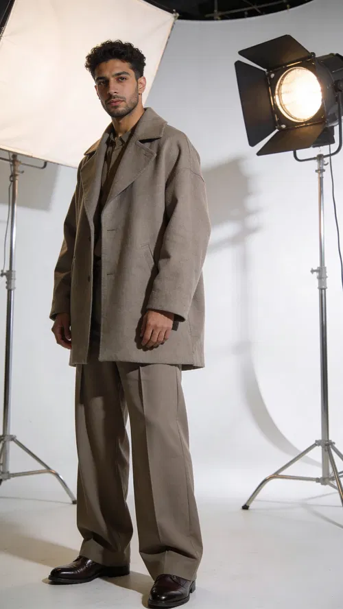 Middle Eastern man full-body studio fashion editorial look