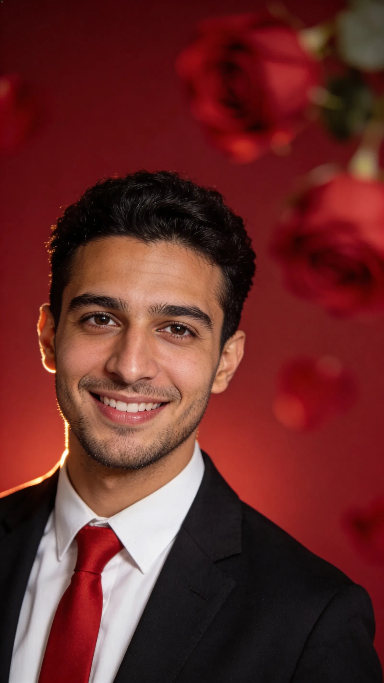 Middle Eastern man headshot in blazer and red tie on deep red backdrop.
