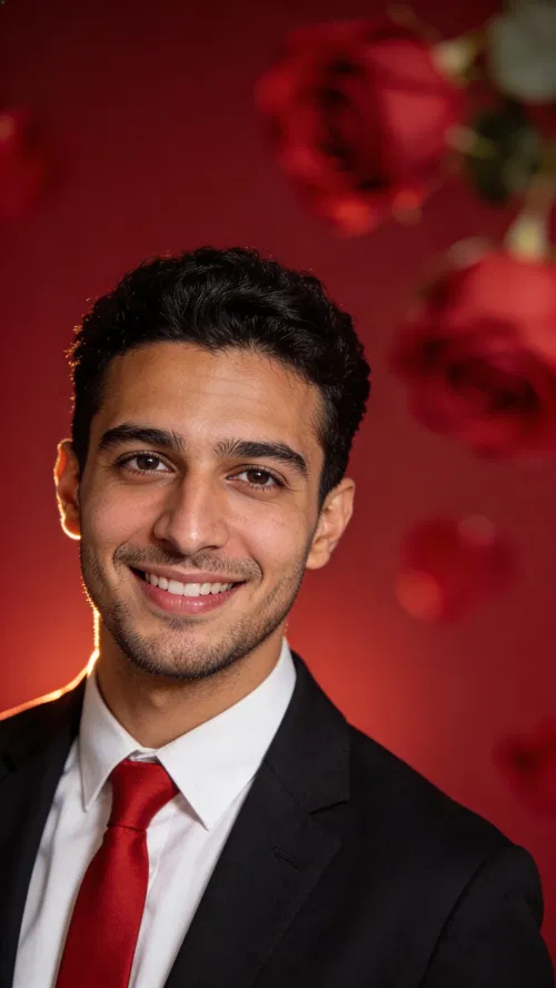 Middle Eastern man headshot in blazer and red tie on deep red backdrop.
