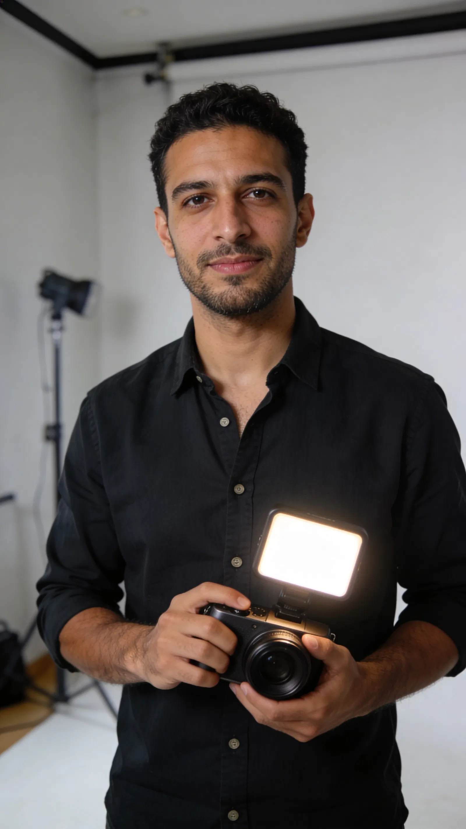 Middle Eastern man holding camera and LED light in a studio corner