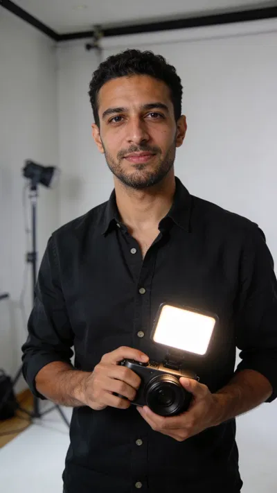 Middle Eastern man holding camera and LED light in a studio corner