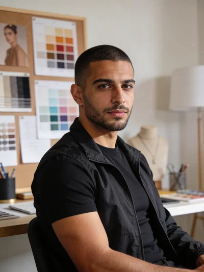 Middle Eastern man in a modern workspace planning Instagram aesthetics