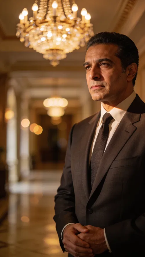 Middle Eastern man in chandelier hallway with warm classic glamour portrait lighting