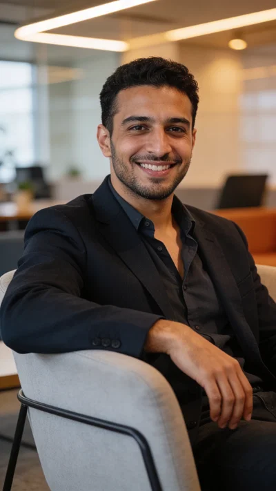 Middle Eastern man in coworking lounge, relaxed corporate headshot