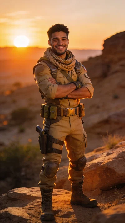 Middle Eastern man in desert mercenary cosplay, sunrise rocky outdoor portrait