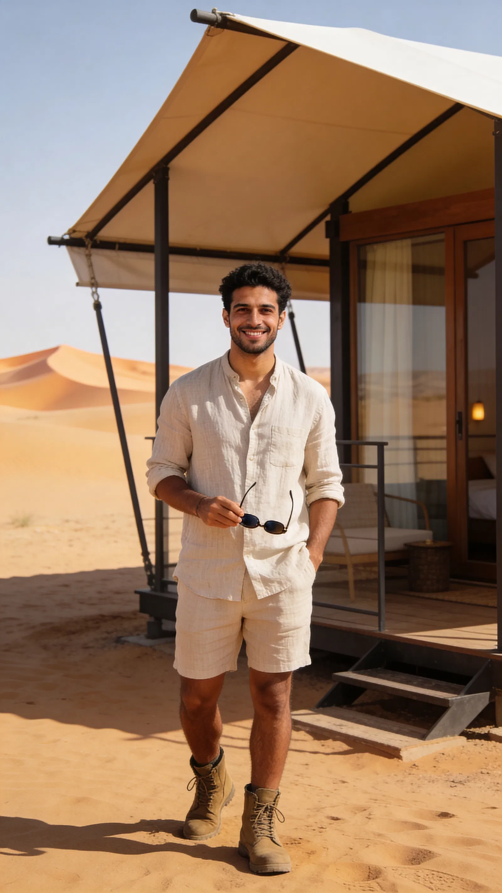 Middle Eastern man in desert near eco-lodge, editorial travel branding photo.