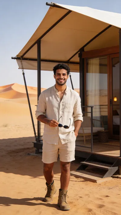 Middle Eastern man in desert near eco-lodge, editorial travel branding photo.
