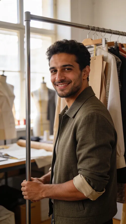 Middle Eastern man in fashion atelier half-body editorial portrait