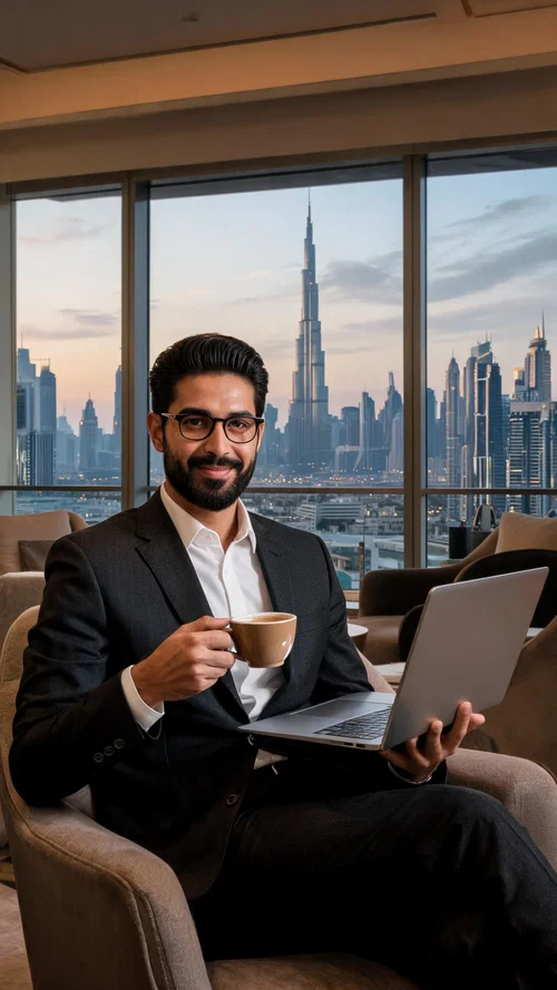 Middle Eastern man in high-rise Dubai lounge with skyline windows, influencer business look