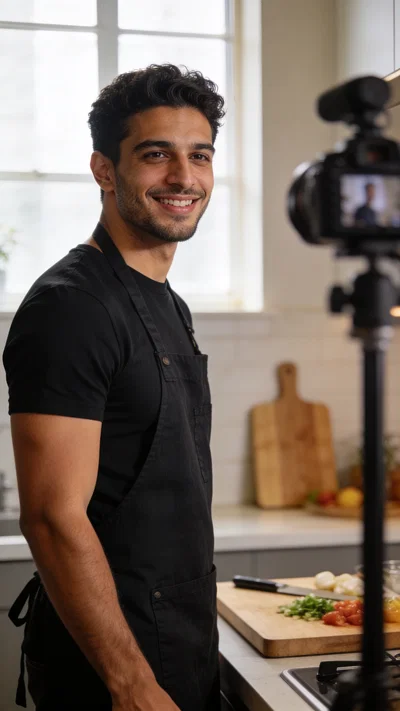 Middle Eastern man in kitchen creator setup, inviting food content portrait