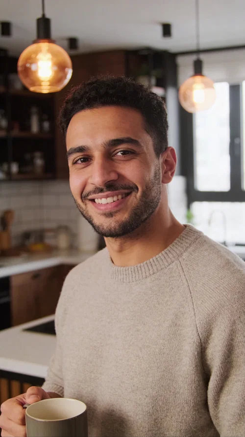 Middle Eastern man in kitchen portrait for at-home Instagram photoshoot online
