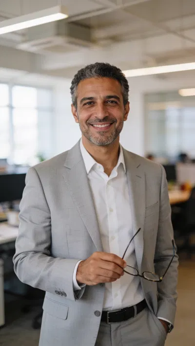 Middle Eastern man in light gray suit in open office corporate portrait