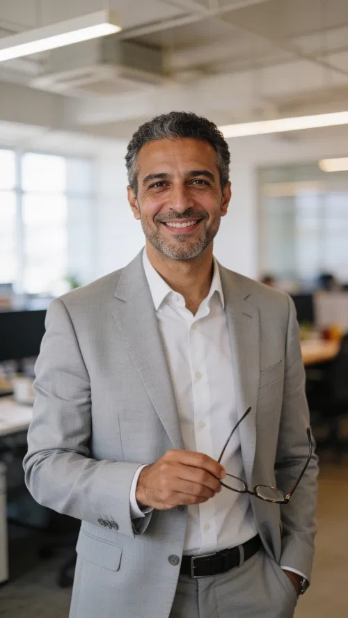 Middle Eastern man in light gray suit in open office corporate portrait