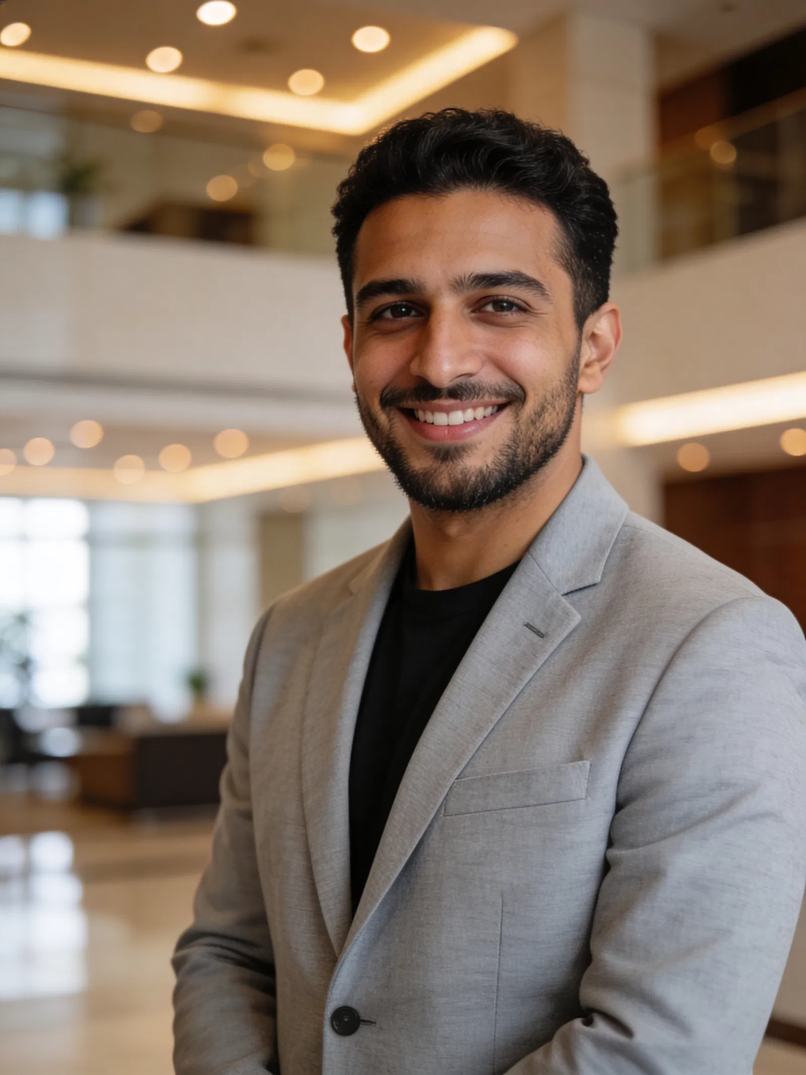 Middle Eastern man in modern lobby, premium corporate portrait