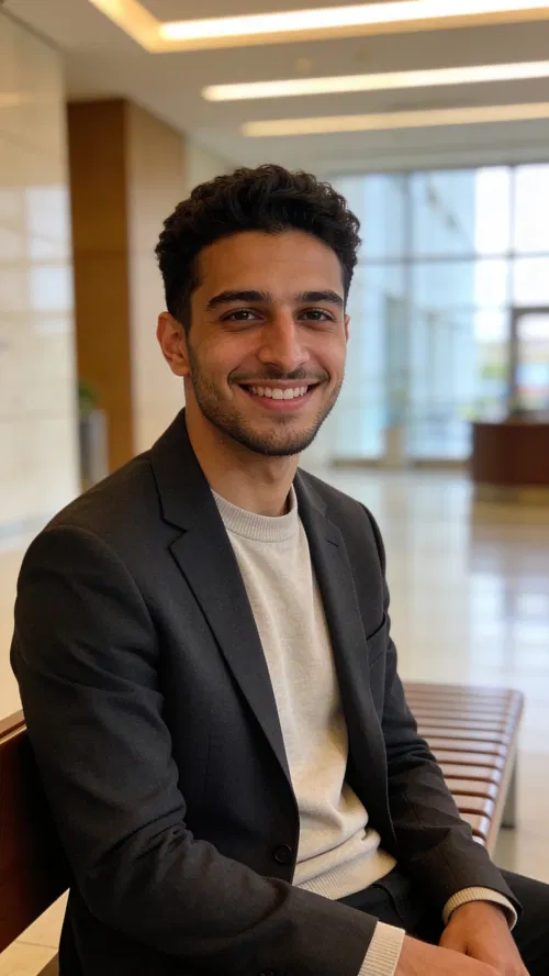 Middle Eastern man in modern lobby, relaxed half-body professional headshot