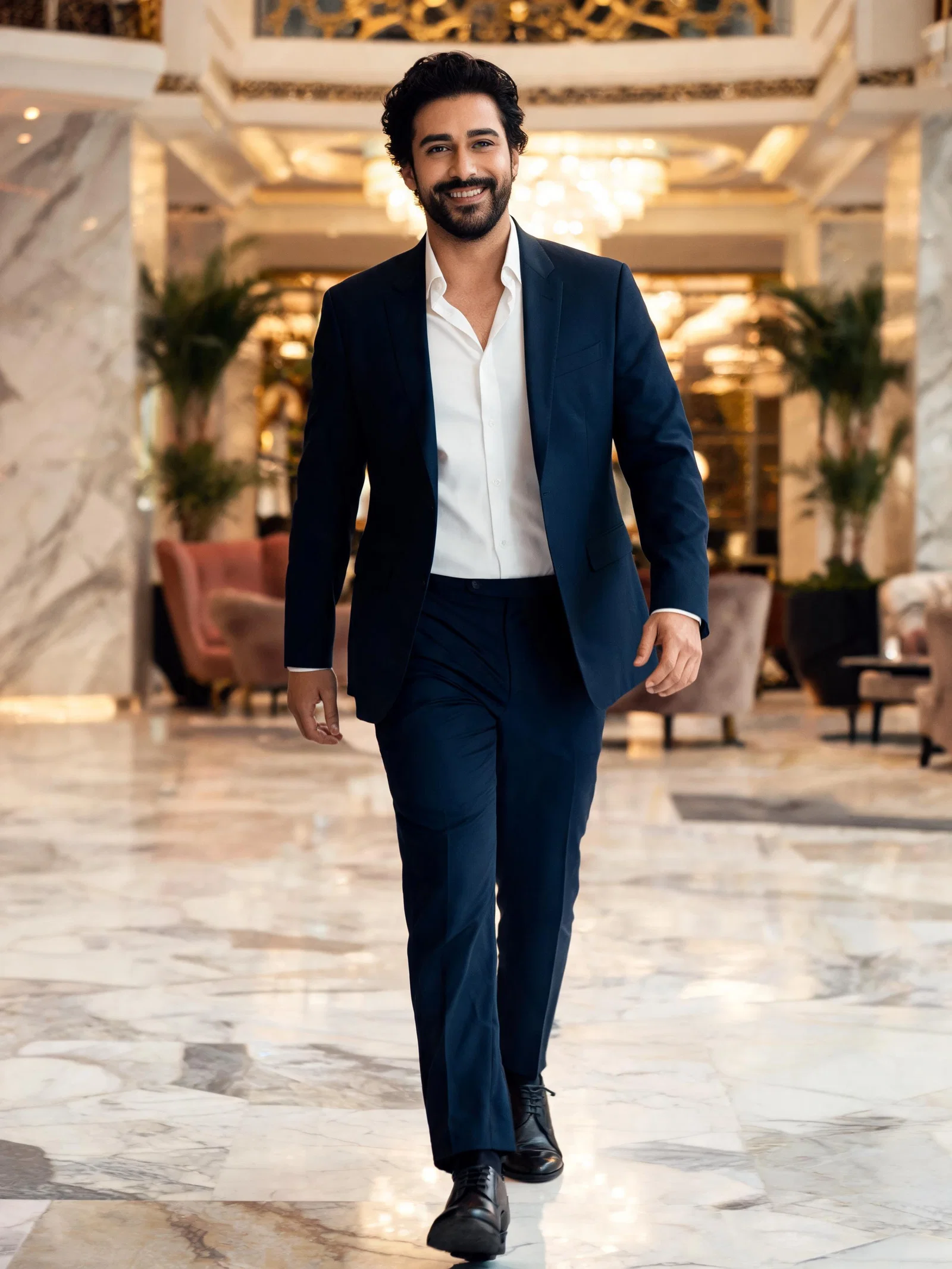 Middle Eastern man in suit walking through a luxury Dubai hotel lobby