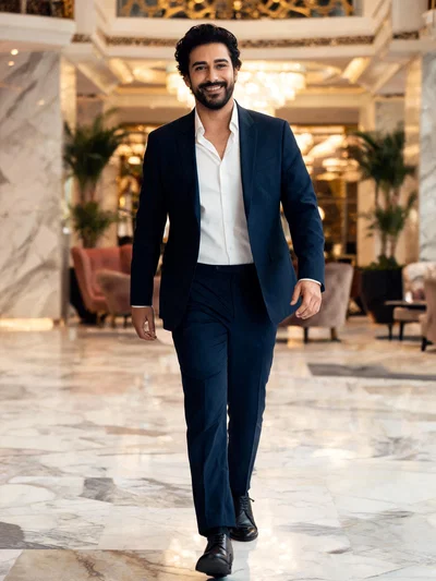 Middle Eastern man in suit walking through a luxury Dubai hotel lobby