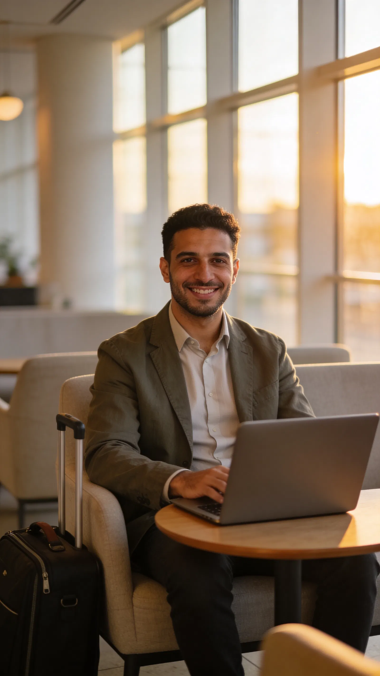 Middle Eastern man in travel coworking lounge, polished travel branding portrait.