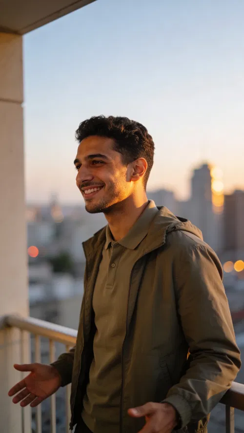 Middle Eastern man on balcony with blurred city view, friendly profile portrait