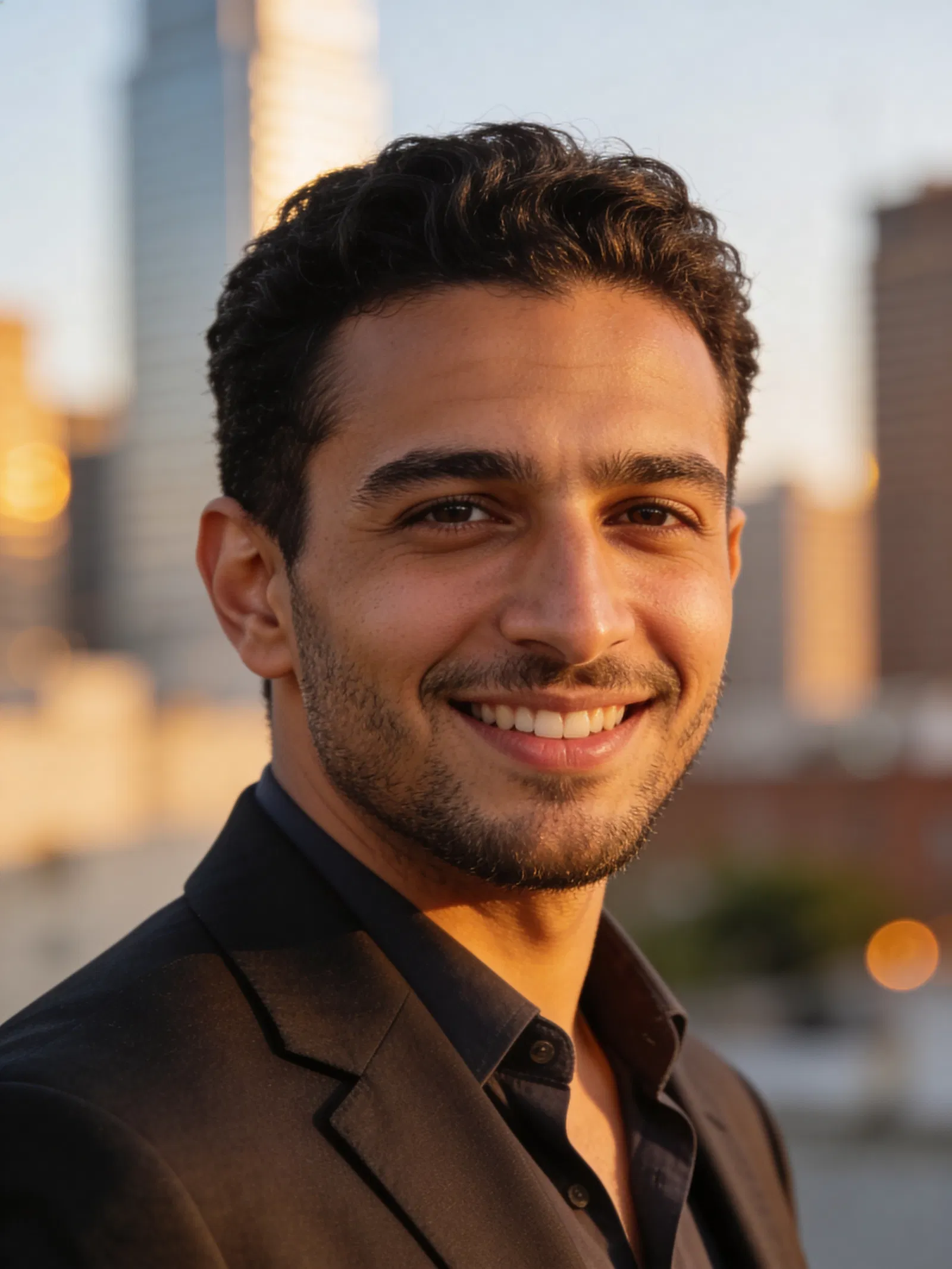 Middle Eastern man outdoors at golden hour, professional headshot look