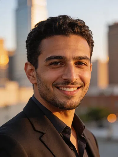 Middle Eastern man outdoors at golden hour, professional headshot look